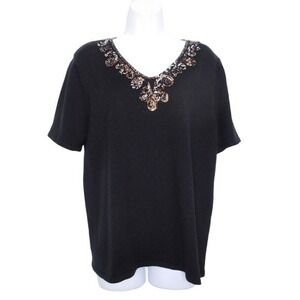 Alfred Dunner Sweater‎ Medium Black Pullover V-Neck Short Sleeve Embellished